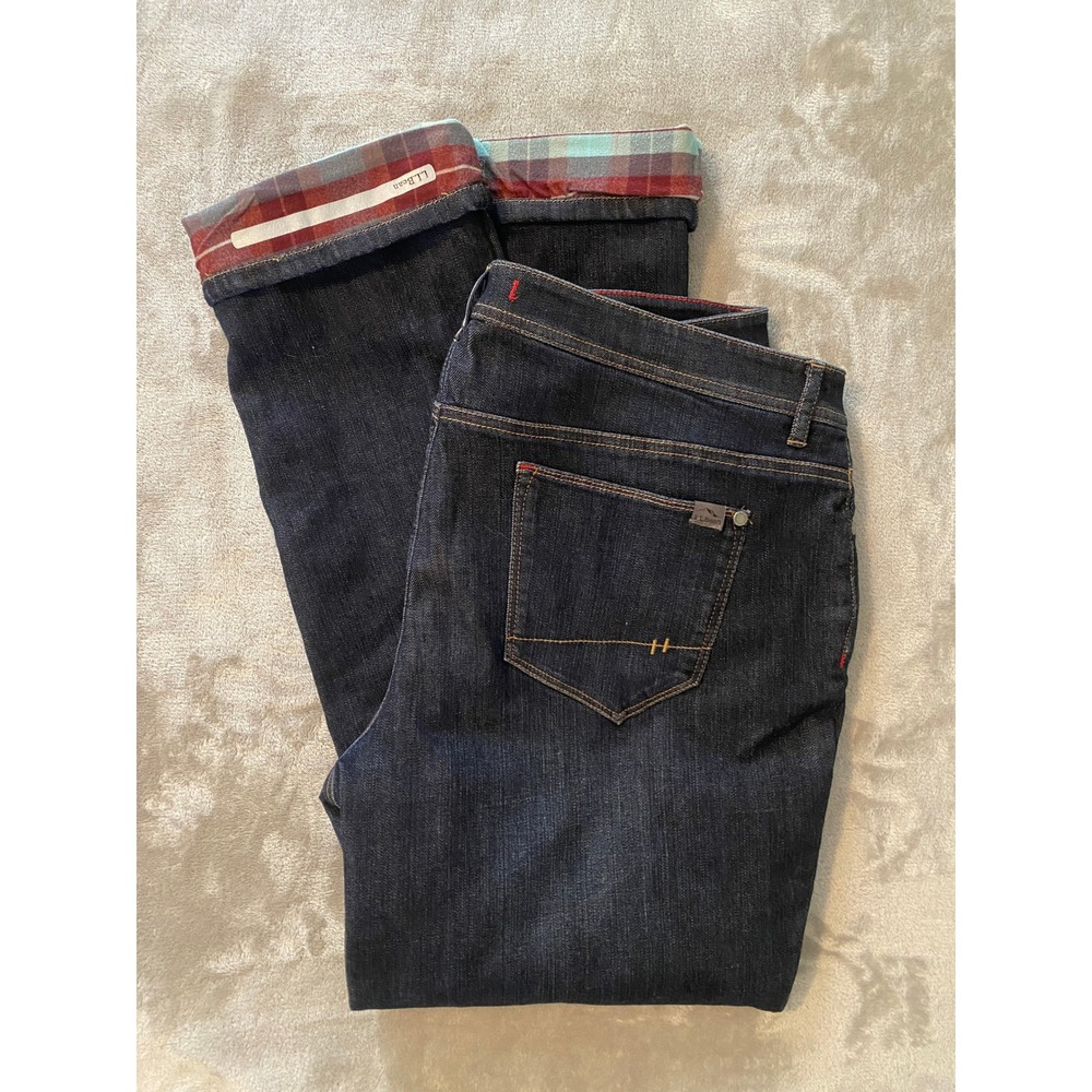 L.L.Bean Jeans Sz 16 Dark Blue Denim Teal Red Flannel Lined Straight Leg Stretch